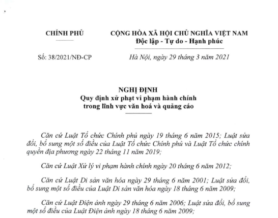 Chính thức tăng mức xử phạt vi phạm hành chính trong lĩnh vực văn hóa và quảng cáo